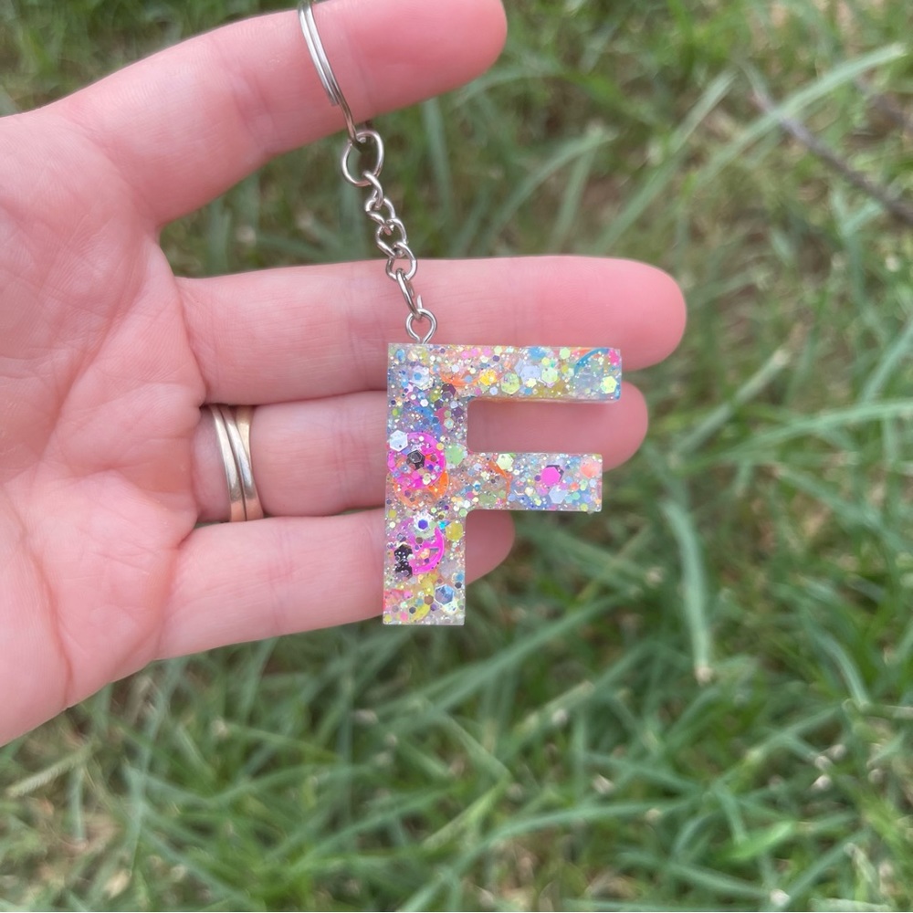 Glittery ☮️ Sign Initial Keychain F Handmade With Resin